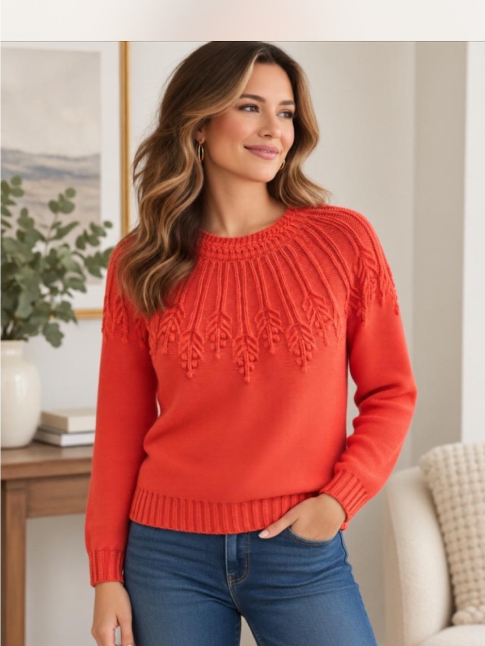 Talbots Coral Crewneck Sweater with Textured Yoke